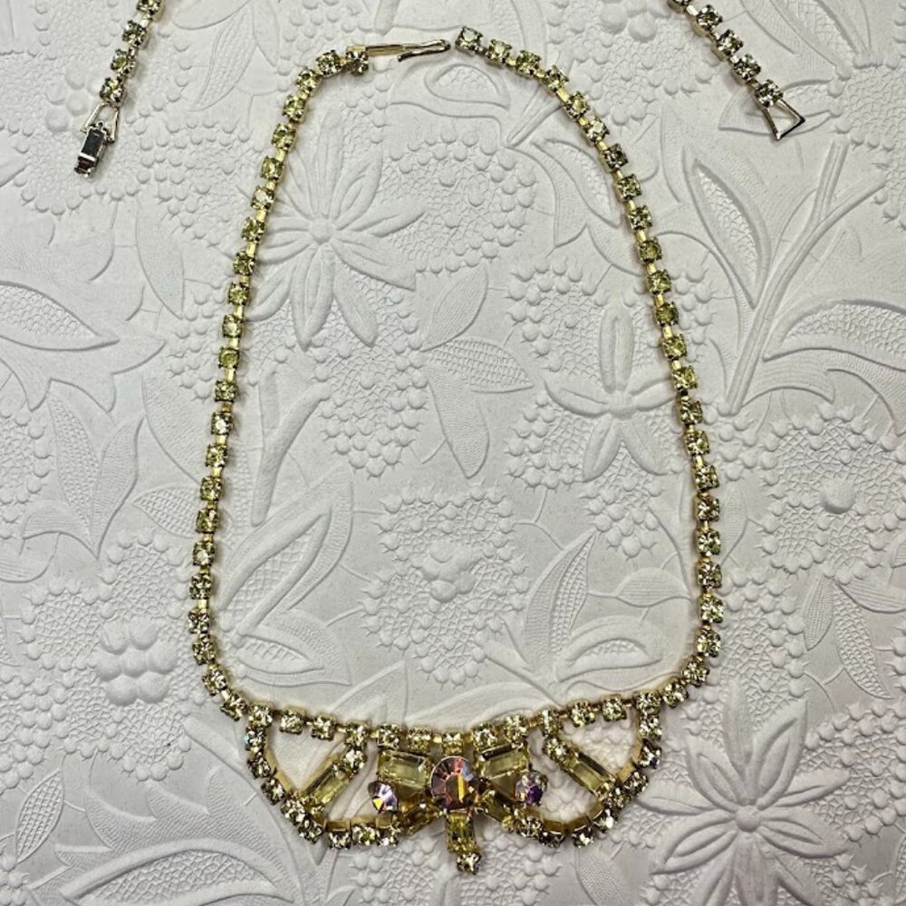 Vtg Citrine and Clear AB Rhinestone Festoon Gold Tone Necklace & Bracelet Set